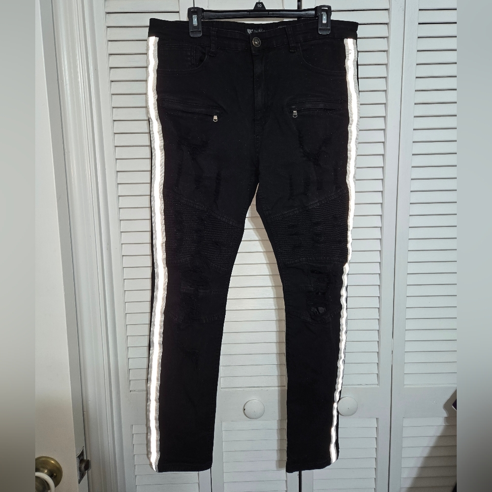 Waimea Men's 36x32 Black Distressed Moto Jeans with Reflective Stripes